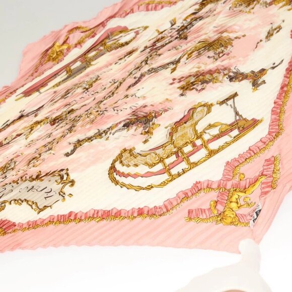 HERMES Pleated Carre 90 Scarf ""Traineaux et glifsades"" Silk Pink Auth - Picture 5 of 16